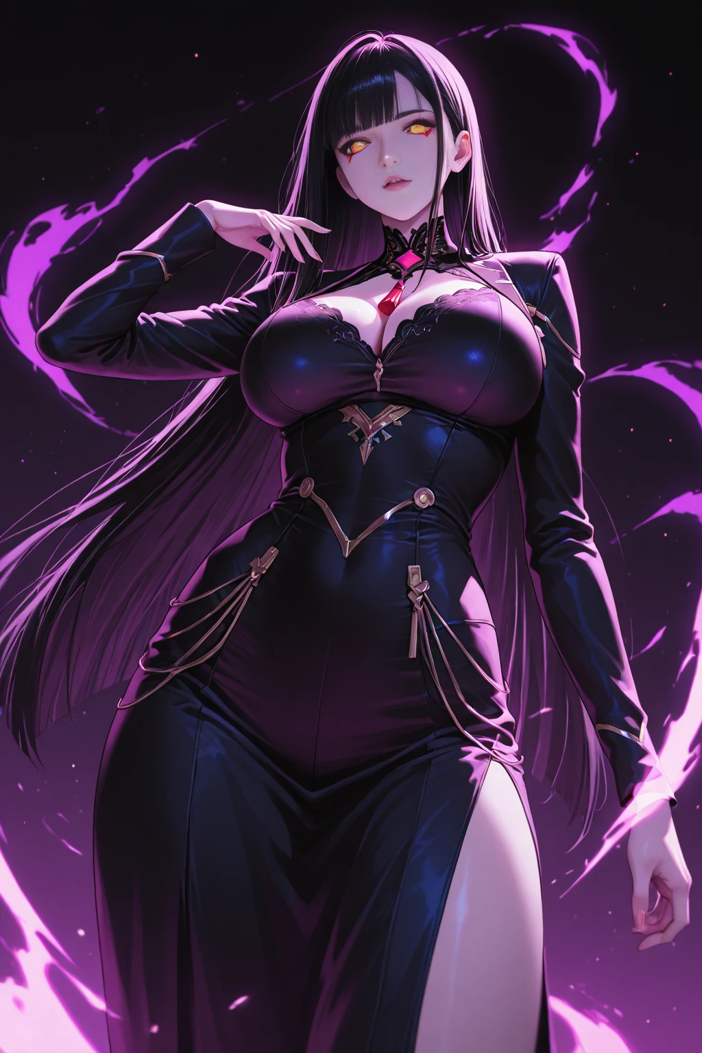 masterpiece, best quality, <lora:almaria-nvwls-v1-000009:0.9> almaria, hairband, hair ornament, black dress, purple jacket, purple shorts, garter belt, thigh boots, large breasts, cowboy shot, looking at viewer, smile, black background, evil grin