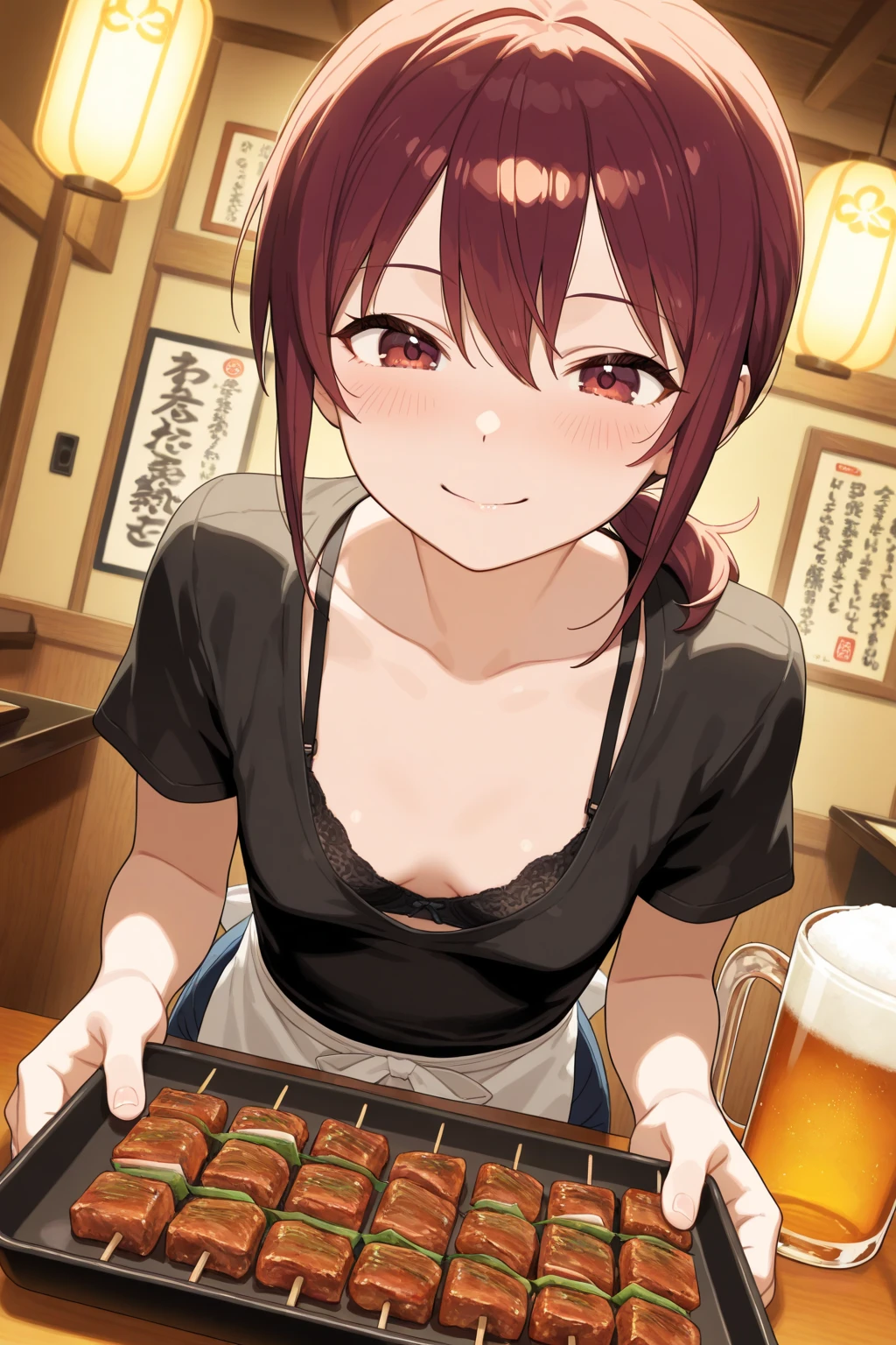 1girl,brown hair,shortcut hair,polo ,jeans,smile,simple background,front view,white skin,take chopsticks,
sitting,looking down,open mouth,eating