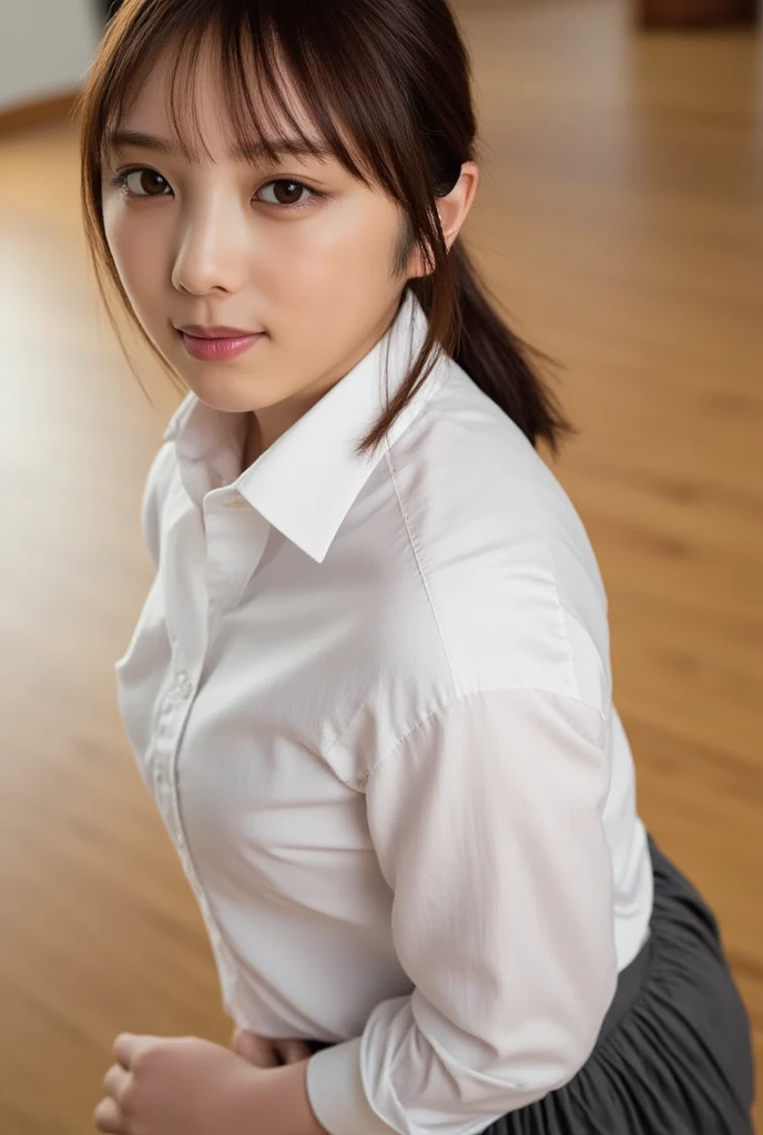 1 female, Overweight, Flight Attendant, get down on all fours, extremely fat, Chubby, Japanese, 4K, High resolution, masterpiece, highest quality, fine skin, sharp focus, (cinematic lighting)