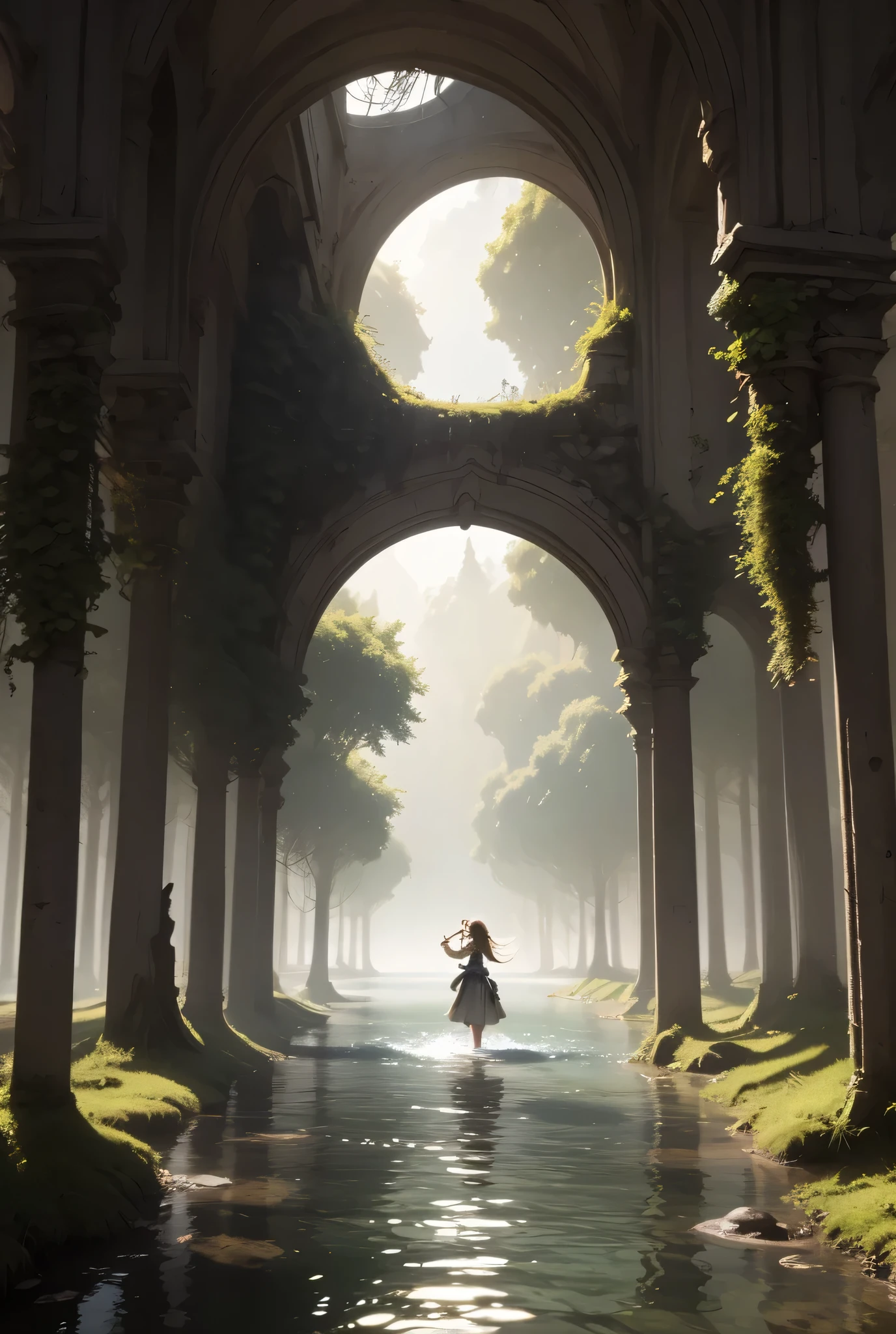 The Eldoria River flows slowly and majestically on a full moon night, reflecting an unreal silver light. Its waters wind through enchanted forests with branches intertwined like natural cathedrals, and the ruins of forgotten cities, half-submerged and covered in luminous ivy. On a small boat, the young explorer Lirian scans the horizon: her hands touch the water and circles of light appear, as if in response to the ancient whispers that vibrate in the air. Ethereal creatures—spirits of lost ages—emerge from the mists, guiding her towards a floating portal that appears as an arch of light above the river itself. Lirian is on the verge of crossing the boundary between worlds, while the universe around her changes color and shape.