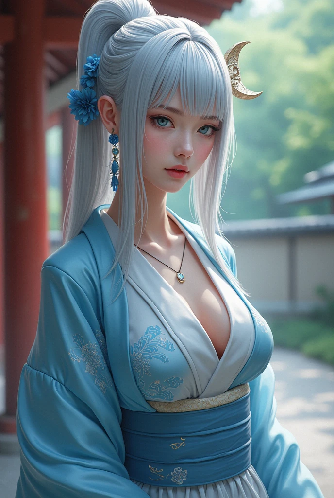 delicated best quality ,masterpiece, illustration, an extremely delicate and beautiful, extremely detailed ,CG ,unity ,8k wallpaper, Amazing, finely detail, masterpiece,best quality,official art,extremely detailed CG unity 8k wallpaper,absurdres, incredibly absurdres, huge filesize , ultra-detailed, highres, extremely detailed,beautiful detailed girl, extremely detailed eyes and face, beautiful detailed eyes,light on face,1girl, (Super realistic), ((( white hair))), (high ponytail), (two bunches of hair in front of the ear), (blue eyes), ((jewelry)), (hair jewelry), (((describe the arm in detail))), (((Super boobs))), ((sagging breasts)), ((Plump body)), (Big breasts), (thighs), ((Plump boobs)),, (detailed description of hair), ((upper body)), (Bare shoulder), ((collarbone)), (off shoulder), (Shiny skin), (detailed description of face), (Extremely detailed description of the eyes), (detailed description of body), (white and translucent skin), peerless beauty, (extreme beauty), (red lips), (shy ), (seductive smile), ((facing the viewer)), ((facing)), (((hanfu))), (((cherry blossom))), (snowing), (She sits gracefully by the tranquil cherry blossom lake, moonlight), the water surface is reflective, (any pose), (((soaked))), ((There is a lot of water on the body))