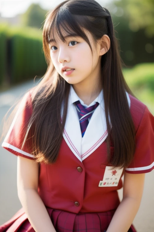 from below,8K、Detailed Description、Very high definition、Realistic、reality的、Real、live-action、reality、High resolution、full body shot,Nogizaka46、japanese idol,beautiful girl、21 years old、Angle of view that allows you to see the whole body、Red Basketball Uniform、Knee-up-top angle of view、Mouth closed、smile、School、Standing on the stairs、Long Hair、Very black hair、Hair blowing in the wind、pretty girl、Beauty、Glowing Skin、Glowing Skin、Shiny Hair、Very white skin、Headband、Heavy makeup、Large Breasts、Embarrassed、Shyly、Slit eyes、Big Eyes、Double eyelids、Don&#39;t show your teeth、Looking down here、Back view