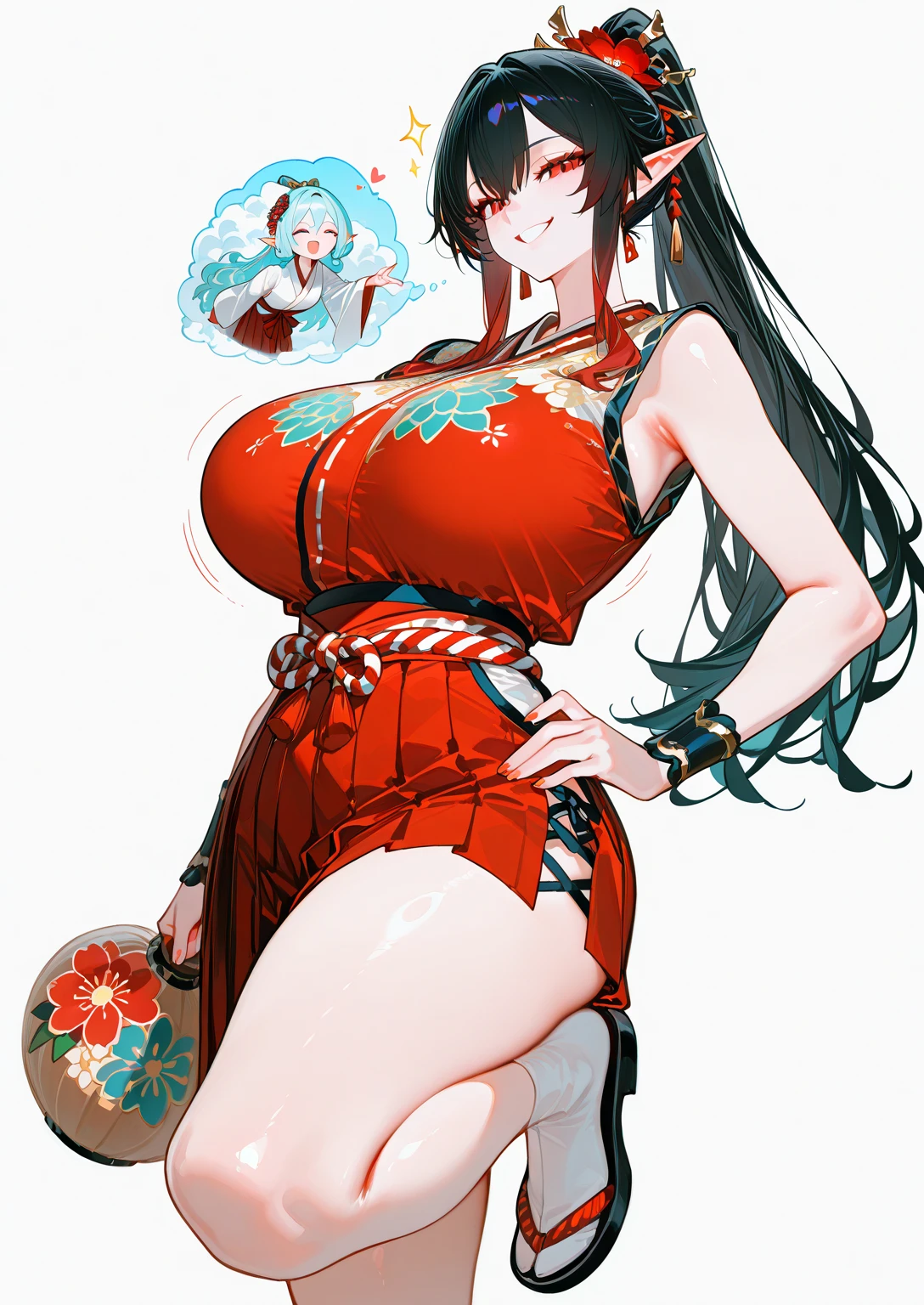 Upper body standing painting, Vision, panoramic, Honey, Solitary, Fair skin, (Fox ears), Exquisite eyes, Facial details, Green Eyes, Red Eyeshadow, lips are red，bikini,  Fake laugh, Ukiyo-e, masterpiece, high quality,White boots，Huge breasts，Leaking out of the shoulder，leaking breasts，Black tights