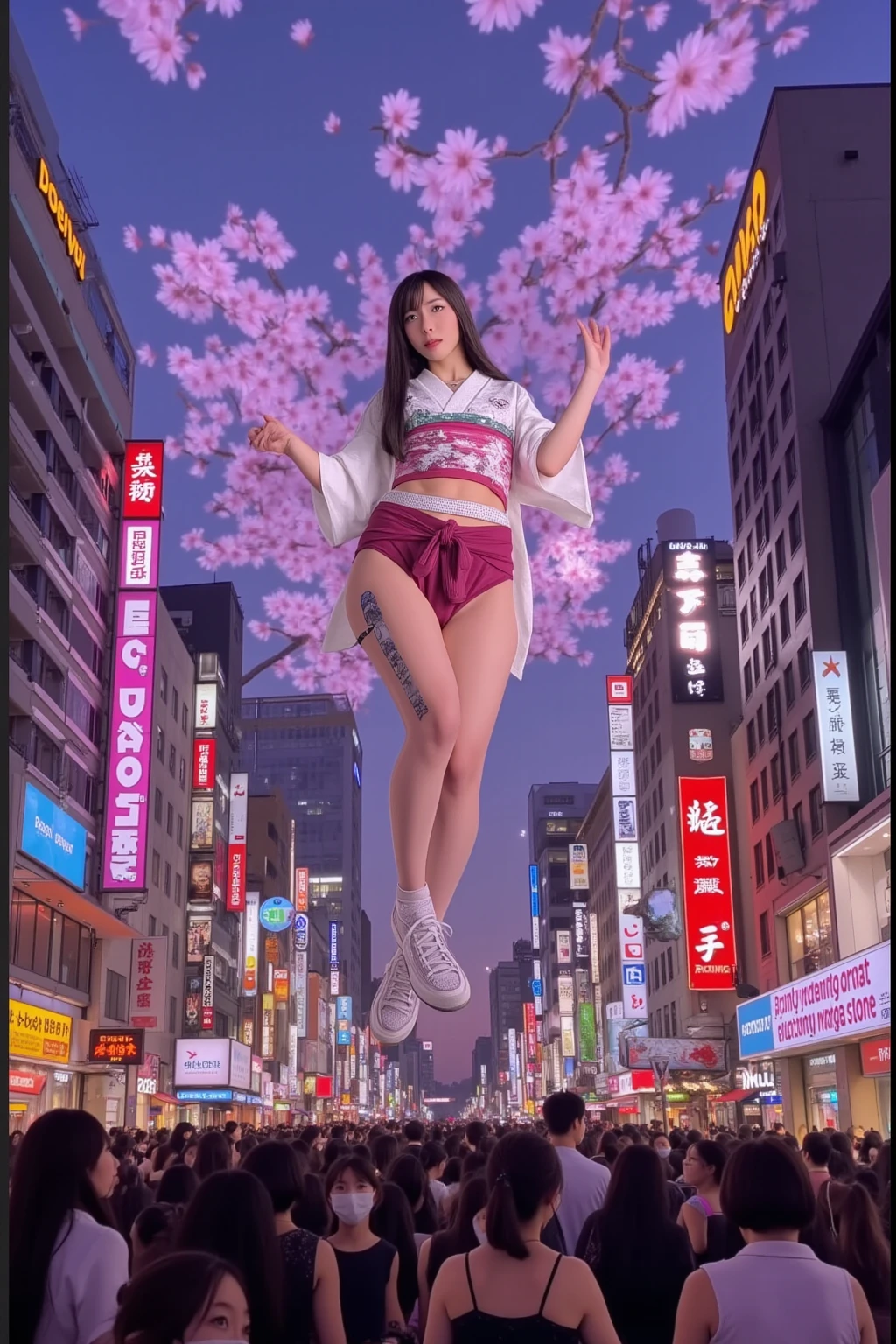 One girl, alone, Glasses, Black Hair, Long Hair, Duffle coat, Black Bag, smile, View your viewers, alone focus,
Shibuya SK, Outdoor, 横断歩road, Day, Real-world locations, 6+boy, road, city, null, street, cloud, scenery, building, signal machine, blue null, sign, multiple boy, crowd, Multiple Girls, walking, 6+Girl's masterpiece, Highest quality,"Photo-like image, 4K, a 19-year-old Slavic girl with big eyes standing in a pink miniskirt. The perspective is looking up at her from below. The background is the middle of Shibuya's scramble crossing. She is She stands with her legs apart and her right hand extended straight upwards, pointing directly above the sky.'' Her expression is playful, with one hand in a finger gun pose and one eye winking. However, it is a challenging expression. ”
