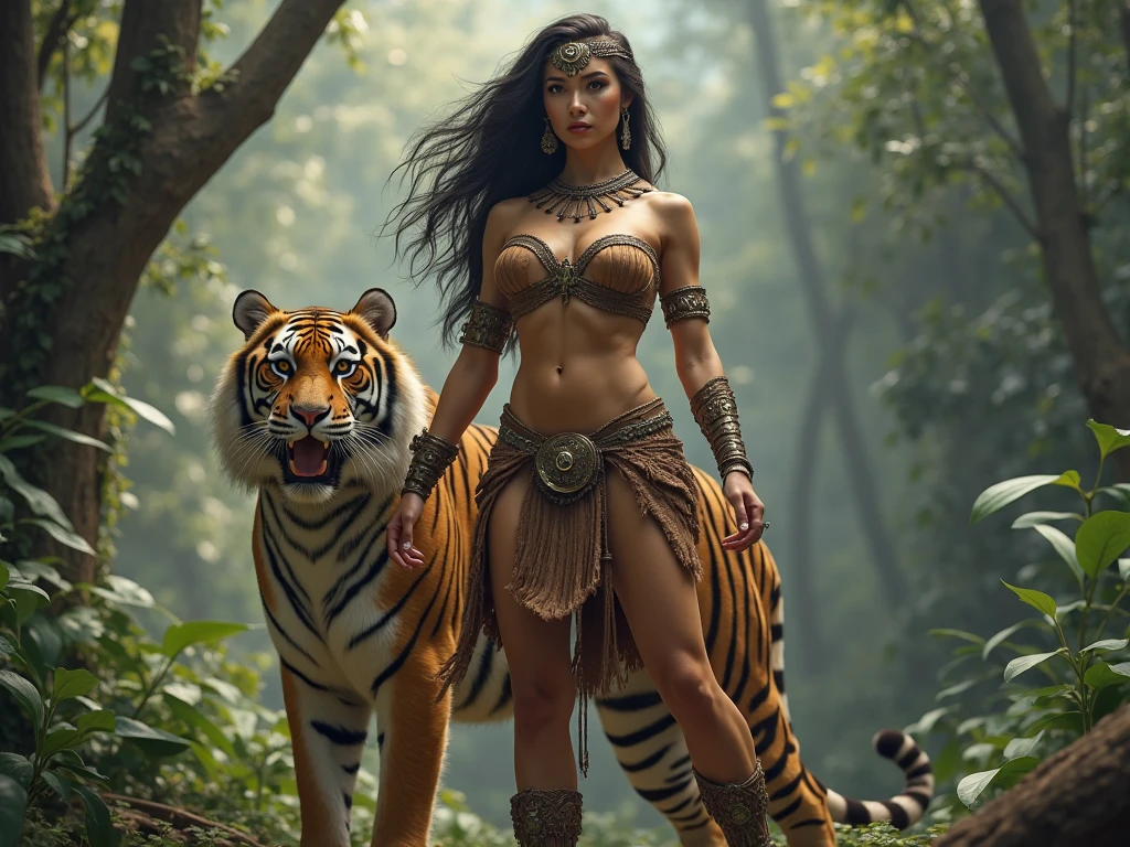 1 fit teenage borneo indigenous girl, (((slender abs:1.1))), wearing tribal head dress and hunting gears, standing hero pose naked with a large and angry black panther, (((nsfw:1.5))), large breast, show girl genitalia, cover in battle scar, tribal tatoo, no dress upper and lower body, leg open wide to show vaginal and breast, hyper realistic, lifelike texture, dramatic lighting, Nikon RAW photo, 8k, Fujifilm XT3,CitrineDreamMix, masterpiece, best quality, realistic, (photorealistic:1.4), ultra detailed, full body visible, (extremely detailed CG unity 8k wallpaper,masterpiece, best quality, ultra-detailed),(best illumination, best shadow, an extremely delicate and beautiful), (powerful and feminine), (jungle setting, depth of field, sunshine through trees, leaves, greenery, spirit animals)