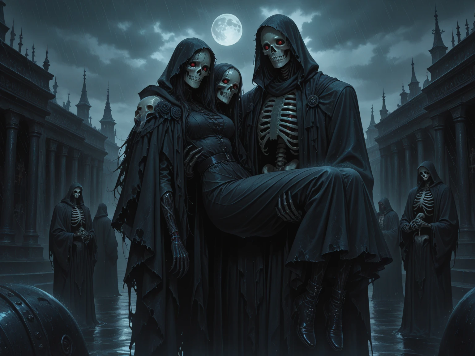 A grim reaper maneuvers a skeleton with strings like a marionette, behind the grim reaper an undead woman on her knees who extends her hand imploringly towards him