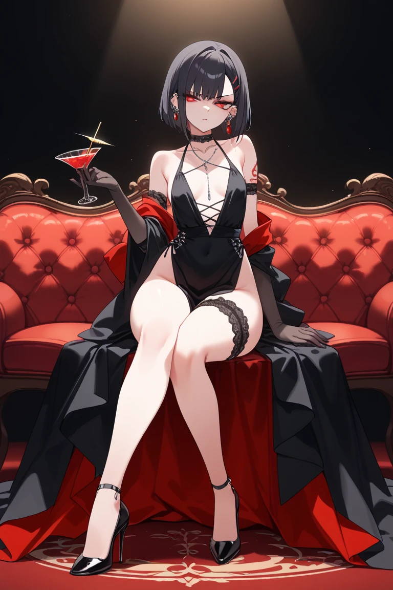 (((Solo))) Vampire woman with short white hair, (red eyes), ((wearing a sexy black dress)), stockings, wearing a red necklace, character is wearing gloves, (mature woman Anna), ((large chest)), curvy hips, long legs, detailed eyes, (in a dark castle), (((mature woman))), milf, ((full lips)), sparkling eyes, standing, seductive pose, sexy face, (beautiful lighting), candles, (holding a glass of wine), (sitting down on a chair)
