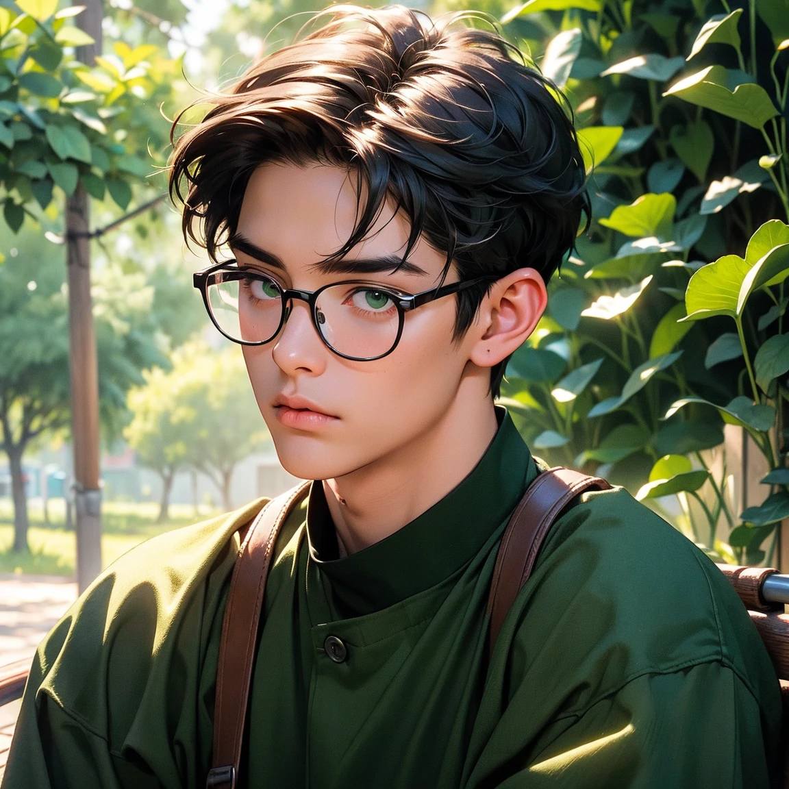 adult boy, with short messy black hair, pale skin, high, gray eyes, with glasses, semi realism, masculine 