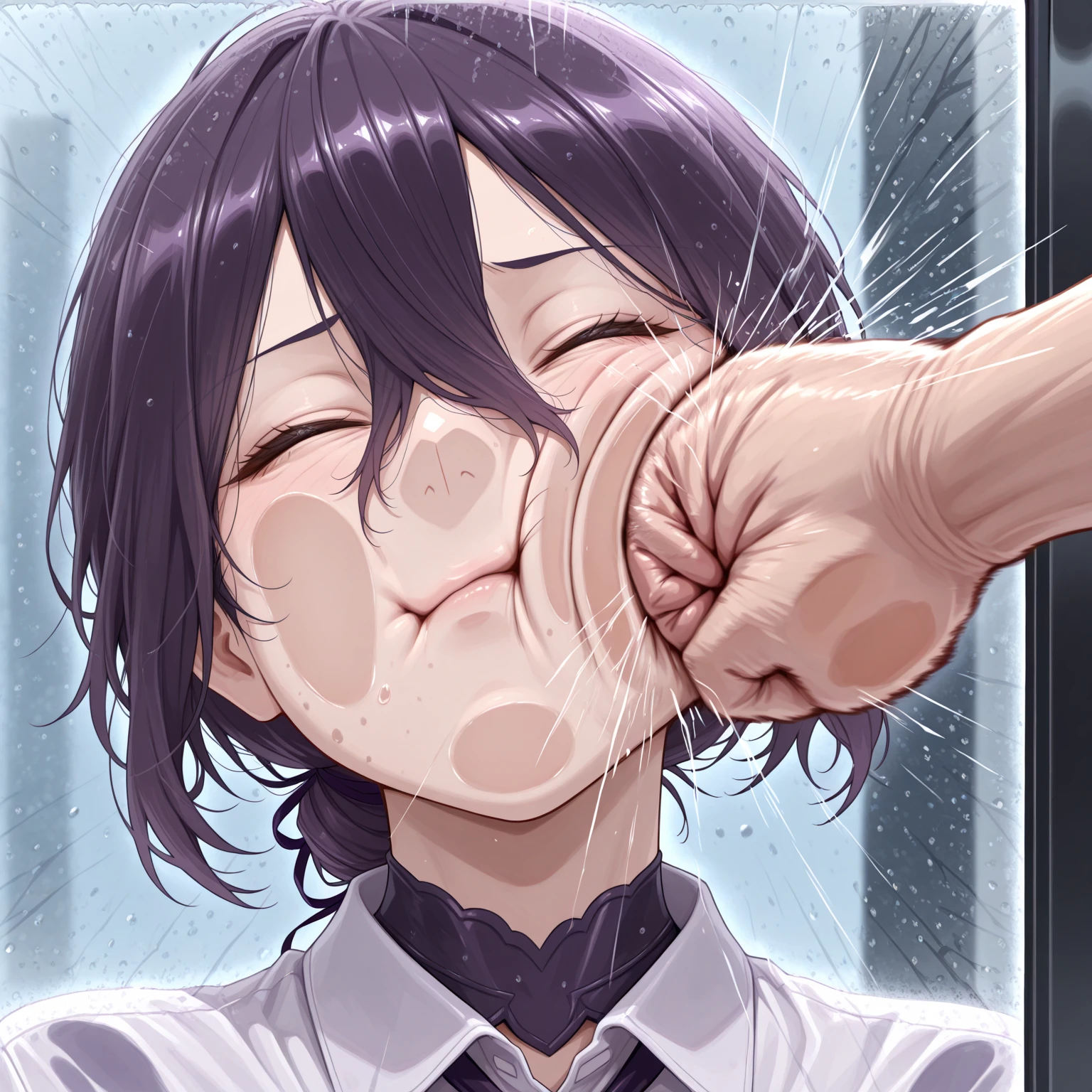 score_9, score_8_up, score_7_up, source_anime, best quality, masterpiece, official art, absurdres, highres, ultra-detailed,waifu2x,Collection: Slice of Life,break,1girl, short hair, spiked hair, blue eyes, bike shorts, purple shirt, (white shirt), fingerless gloves, sweat, (nipple:0.6), sweat, saliva, (yawn:0.5),blush,penis, twitching penis, oral sex, rape, felatio, hand on girl's head, cum, motion lines,projectile cum, facial, bukkake, hot breath, sound effects, outdoors, alley, break,(clear line illustration:1.2), super detailed skin,very high resolution, very aesthetic, Best sexual lighting powered by famous artist, 8k,cute picture,beauty illustration,photoshop_(medium),,(Detailed Lighting),best anime 8k konachan wallpaper, pixiv contest winner, 