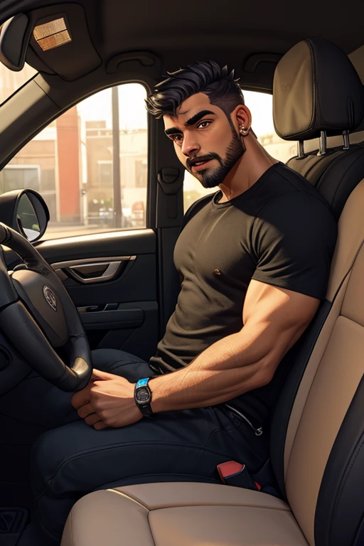 8K,8K resolution,2 Muscular Europeans, handsome man,charming eyes,dark skin,beautiful, smooth and shiny,Full muscles,Thick body hair, (Big bag highlights when wearing,Excellent j8,emphasize,Driving a luxury convertible,The car is full of roses,Two men smiling happily,professional lighting,Professional photography,Realistic photos,realistic model,realistic art,Perfect hand details