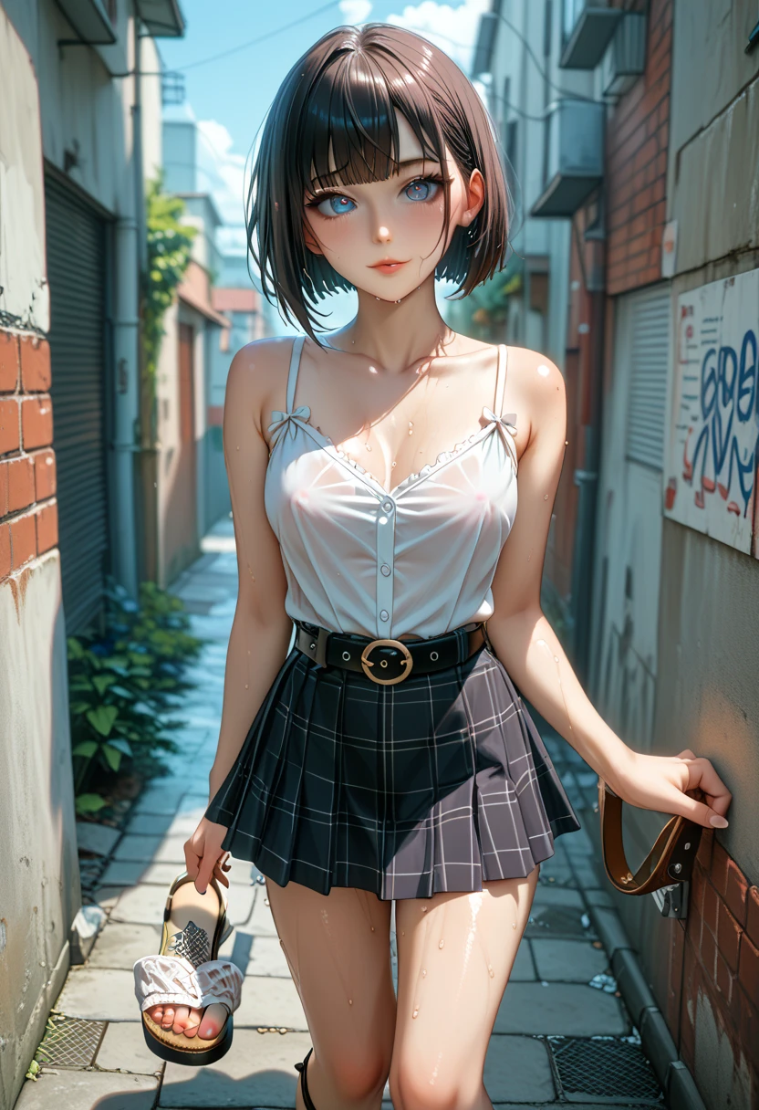 very cute and beautiful girl,Blue plaid summer dress with fine ruffles,No sleeve,(skirt lift,white panties),(very detailed美しい顔と目:1.2), cowboy shot,smile,black hair,flower crown, (Standing by a water fountain in the forest),fog,fantastic stone monument,detailed landscape, (highest quality,masterpiece:1.2),(intricate details),very detailed,High resolution,alone, cinematic lighting,dim light,dynamic angle,hair blowing in the wind,(Realistic Mekosuji:1.2)、(fresh cameltoe)、(natural life size)、(elation)、(cameltoe through panties:1.5),(Only the panties are erotic:1.6),(thin waist:1.6)、(thin thighs:1.6)