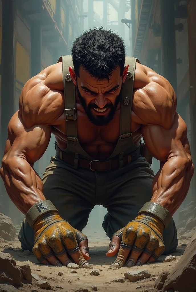 Realistic, Imagem 8k de um homem bonito, 25 anos, cabelos castanhos longos, olhos castanhos, gritando de aborrecimento, vestido com uma camisa casual preta simples, black bandages wrapped around his arms, Setting of a collapsing underground dungeon, nuvem de poeira e detritos