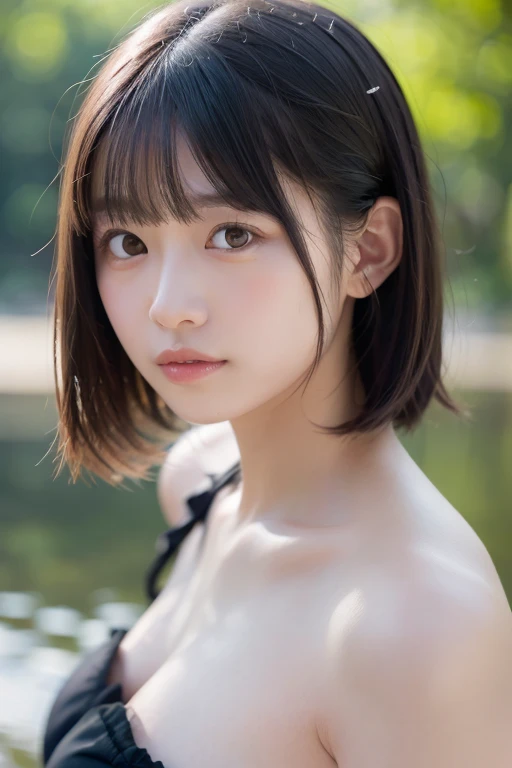 Japanese beautiful girl、Semi-short hair、Black Hair、Clear eyes、Half-open lips、Half-open mouth、Pink tube top、Cleavage、Innocent expression、Looking up、bedroom、Shoulder Bare