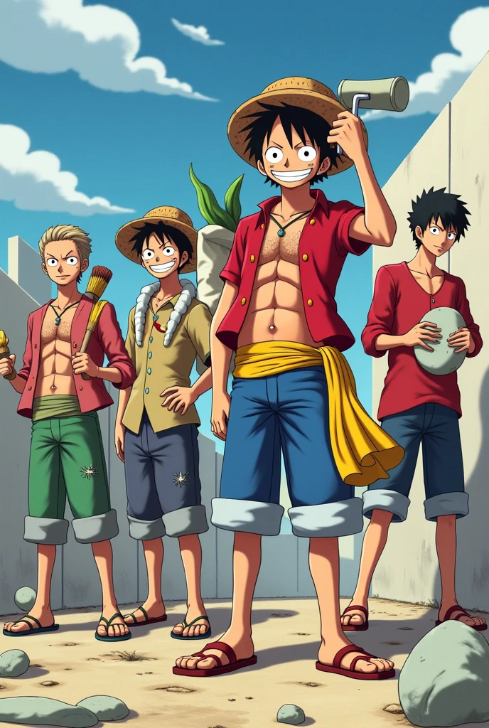 three young men in straw hats and trunks are walking on the beach, Estilo One Piece, from one piece, one piece, Luffy (one piece, inspirado em Eiichiro Oda, one piece artstyle, Luffy, Macaco D Luffy, Macaco D. Luffy, Estilo Eiichiro Oda, Navio One Piece navegando, Luffy de One Piece, Arte da sede, papel de parede hd