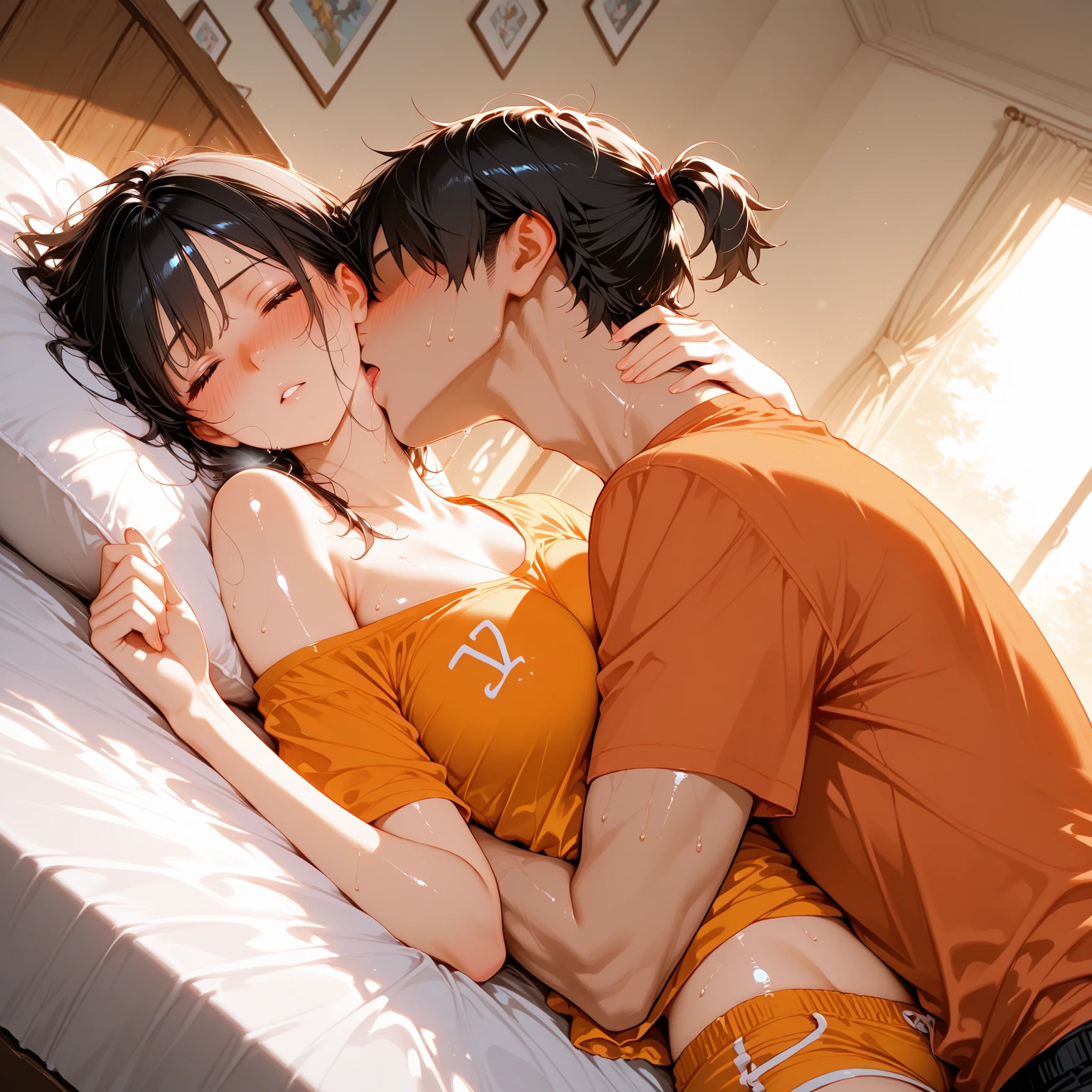 Amazing portrait of a young woman wearing white and orange striped t shirt and orange shorts and young boy wearing a navy blue t shirt and black shorts sitting on a bed together and kissing and making out passionately in a sexy and hot and lustful setting