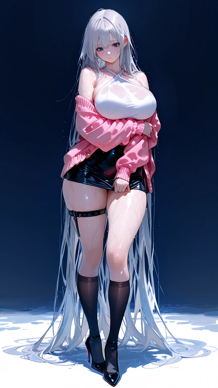 masterpiece,best quality,masterpiece,best quality,official art,Highly Detailed CG Unity 8k Wallpaper,traditional_media,girl,black hair band,長いgray hair,gray hair,blue eyes,,,expressionless,,Tie your long hair low,upright,slit pupils,(( Huge milk)), ((erect nipples)), ((latex miniskirt)), (((pussy)))