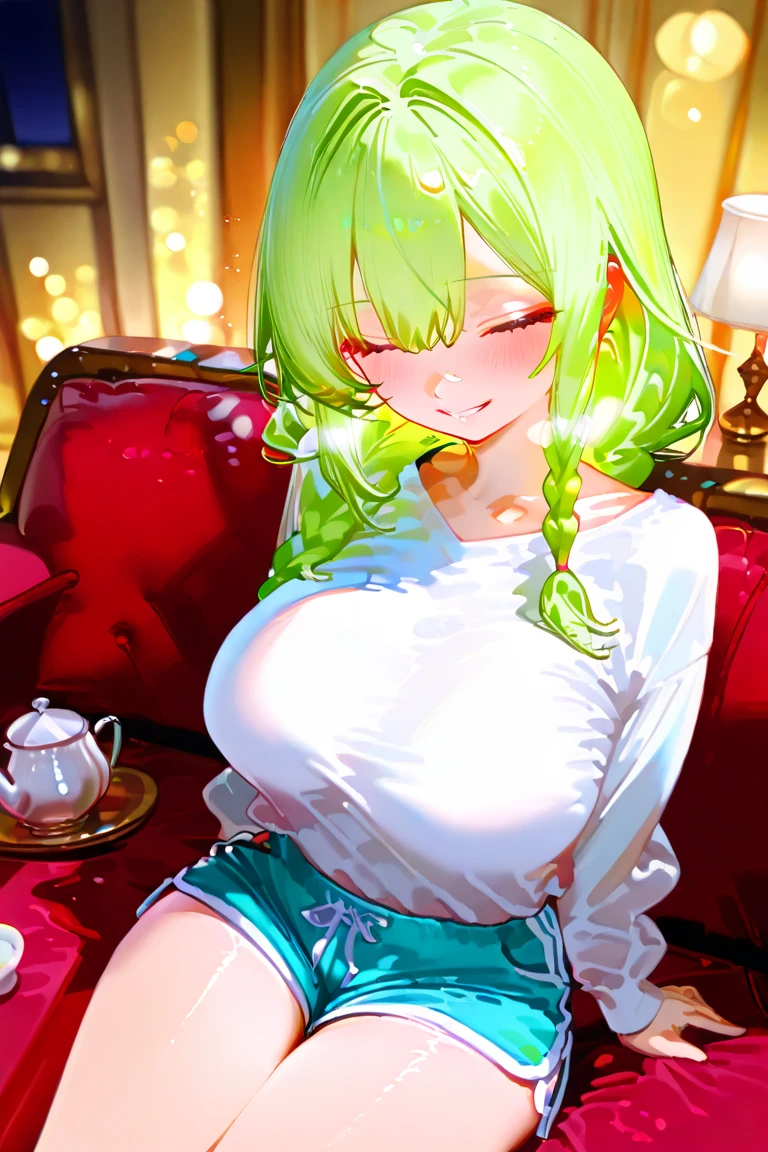 nurse outfit, large breast, big breast, cleavage, short green hair, blue eyes