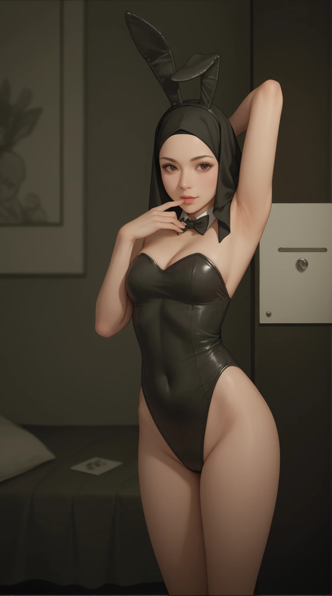 best quality, (masterpiece),(ultra-detailed), (high quality), (high resolution), wasp, 1girl, short hair, blue eyes, choker, headphones,gloves, elbow gloves, makeup