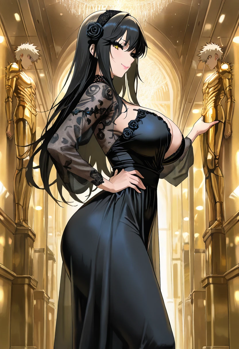 A woman with long black hair down to her legs,wearing an elegant and very sexy medieval queen dress,a diamond and gold crown,fleshy lips,beautiful  face,voluptuous body,Broad Hips,Waist slender,thick-thighs,very gigantic and voluminous colossal breasts 