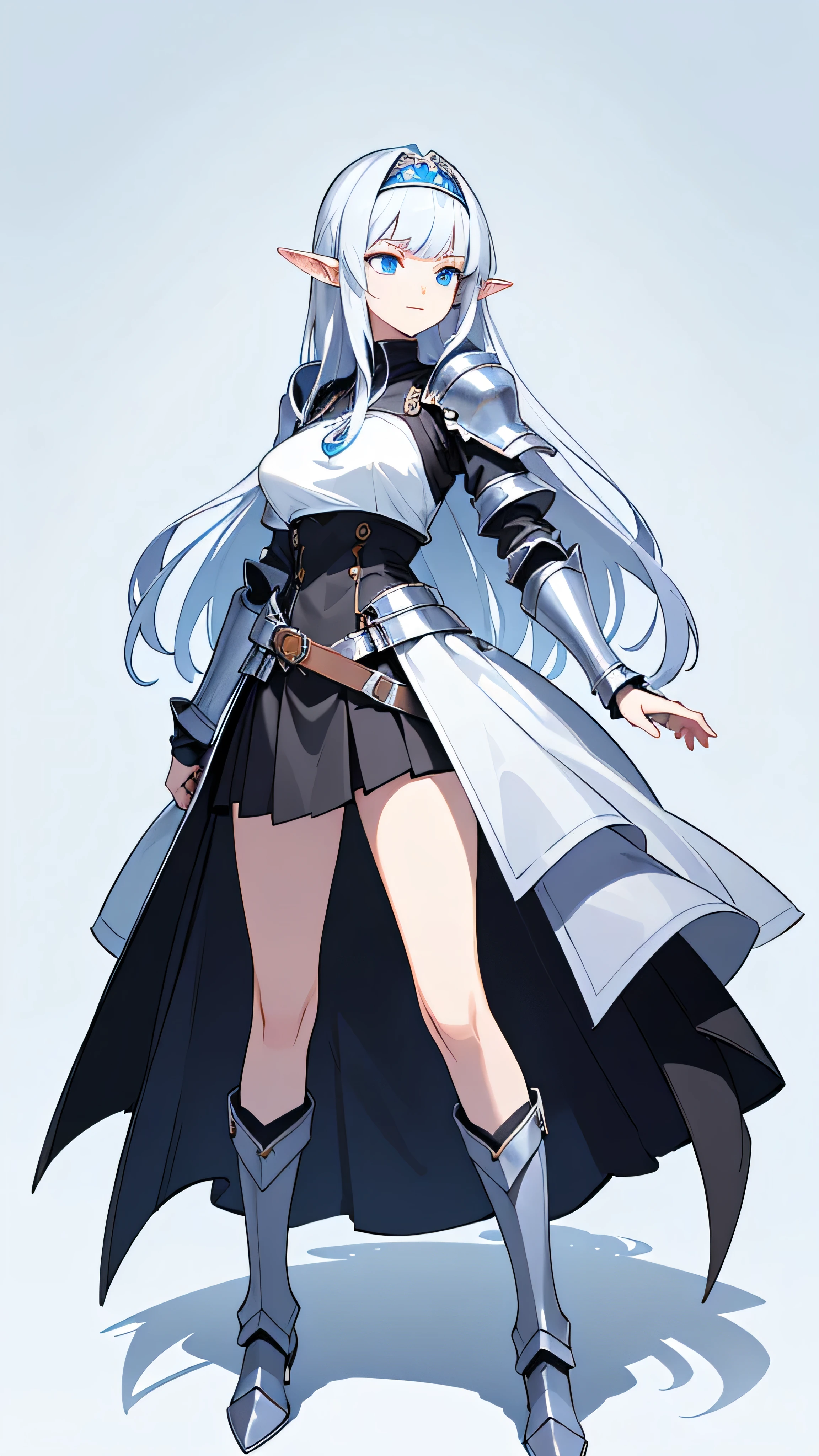  masterpiece, top quality ,(( tall,Elf,skinny woman,Standing picture)) ,(((full body))) big boobs,slant eyes,perfect dark blue eyes , (( long silver hair,long mid-length bangs)), ((Princess Knight Armor, black skirt with armor,black boots with armor,blue headband,)),(((( no background , Solid White Background )))), thin eyebrows, white skin,seductive smile, A thin sword in one hand ,(  composition from an oblique front),thick belt at the waist, 