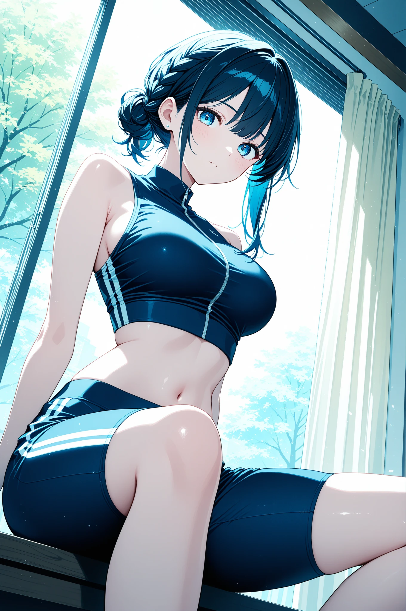 Hyodo Michiru、Black hair、Colossal tits、Blue eyes A smile tongue-out、Navel Piercing Navel Piercing、Ring earrings、Gym clothes with class name blue bloomers、White High Socks、white sneaker、A slender、I-Balance Pose、River