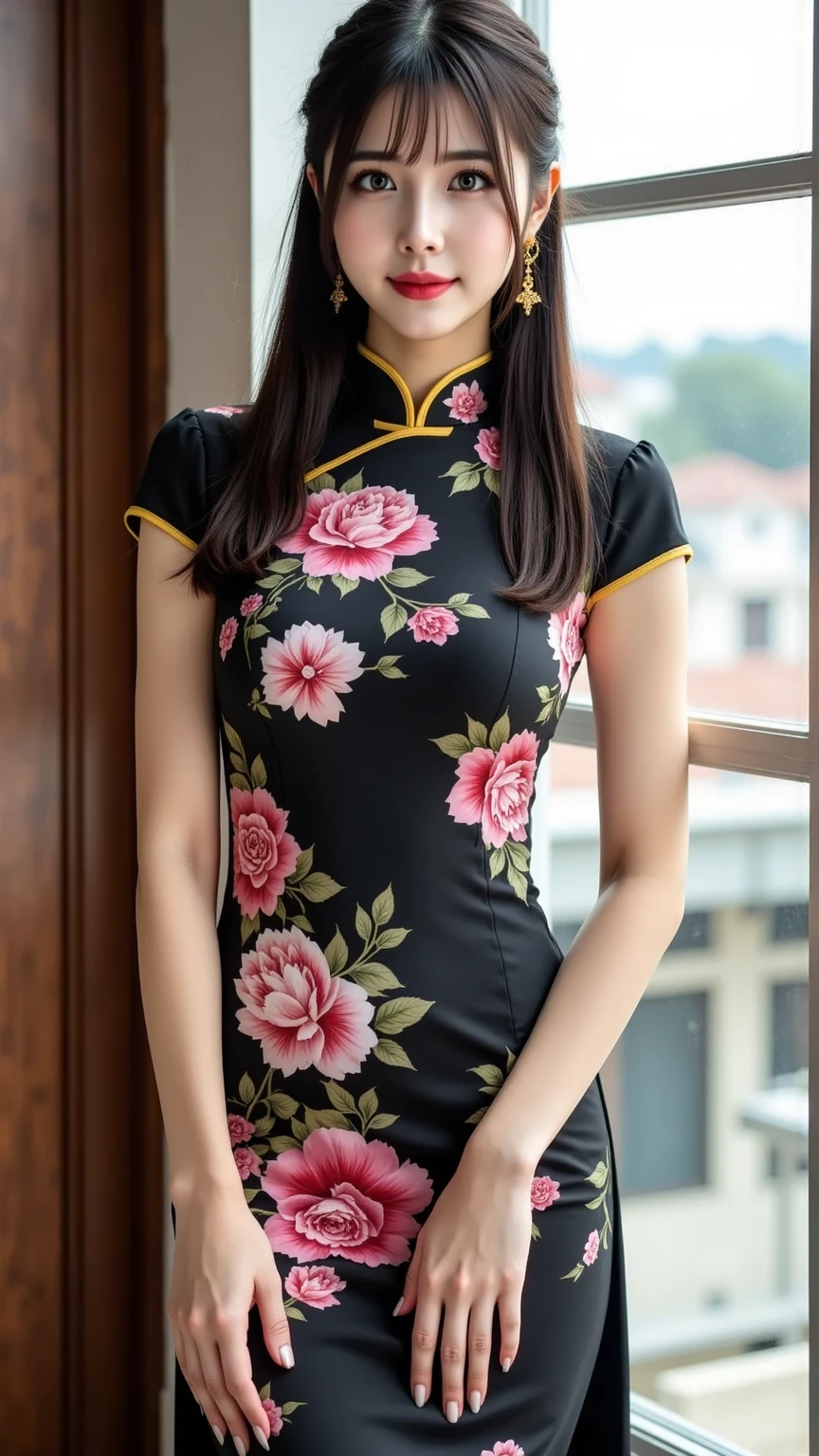 highest quality, best image quality, highest resolution, Super detailed, cheongsam clothing, Sleeveless cheongsam, The material of the cheongsam is satin, shiny and、It is soft and smooth to the touch., tight cheongsam dress, No underwear is worn, Breast C cup, Full body shot that includes the face, The target audience is one person, Shot outdoors, soaking wet, sweaty,