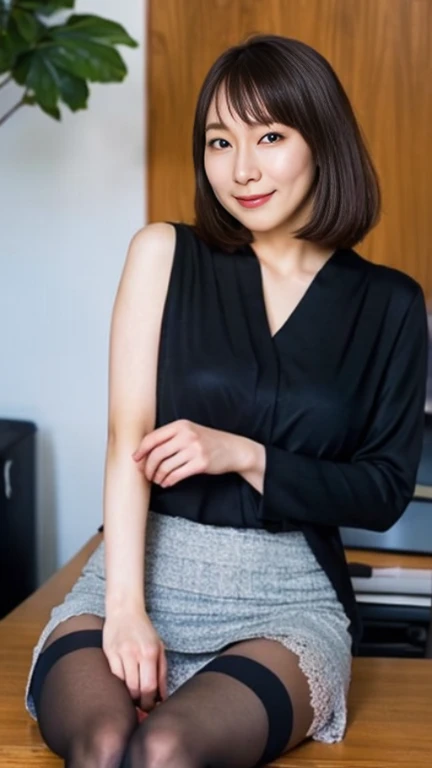 (((leaning forward:1.5,bent over))),Inside a suit shop,Suits lined up,(The skin is wet from sweat:1),(Wearing a shirt:1.8),looking at the camera,Cleavage,smile,Skirt Lift、Lift your skirt with your hands,woman, 20-year-old, Short Hair、bangs、(Plain suit skirt),(White lace panties)、Cute earrings,Natural lighting