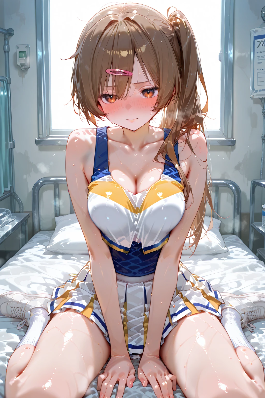 (((A man having sex with Mikuru Asahina in cowgirl position１a person)))、(((guy inserts into girlfriend in cowgirl position)))、(((She spread her legs wide、 is inserted))), (((She was lying in bed、guy penetrates her with his body .)))、Detailed details、８K image quality、hight resolution、blush spread、Reluctant face、Curvaceous body, Small and hard breasts ,(((Her breasts, nipples exposed)))、((​masterpiece:1.2、top-quality)), (((ultra-detailliert, Ultra-precise depiction, Ultra-detailed depiction)))、(((Well-formed face)))、Overall view、(((The Melancholy of Haruhi Suzumiya Blue and White Summer Clothes)))、Brown hair long、
