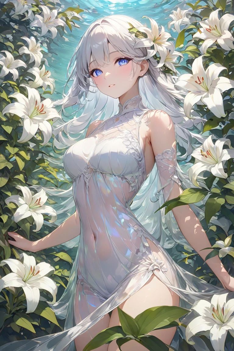 (Paradise in Heaven), White lighting,(muste piece), (best quality), (cinematic), 8K, (art station),(長いwhite hairとSilvery eyesを持つ1人の女), (beautiful delicate face)、[Frozen trees々], [landscape crystal], [lighting], [Ethereal Atmosphere:1.1], [fantasy, short story] ,[soft なlighting] 、(+cinematic shot:1.2)、 [+art station] 、[+luminous white background] 、 [soft glow] 、(Creative and dynamic angles:1.3), [+Crystal Toning] 、muste piece, very detailed, Super detailed, solo, (pale skin), Silvery eyes, white hair, (snow background), (snowflake rosen flower:1.0), (shining crystal), (Snowy ground), (White lashes), sexy woman、dreamy and detailed, Gorgeous setting, 妖しい雰囲気 muste piece, The most beautiful scenes, majestic、(((full of white flowers:1.5)))、quiet and serene atmosphere、attractive, all white tones,Inside the crystal library,Transparent flowers and falling snow，Many white roses are planted,(water flowing,waterfall,water bloom),The decoration is also carefully done.,dream（very detailedです，creative design，crisp and precise lines，K HD，best quality，master piece，超High resolution，In 4K）、Diverse poses、((beautiful white flower hair ornament))、beautiful hairstyle、(best quality, In 4K, 8K, High resolution, muste piece:1.2), Super detailed, detailed expression, graceful posture, Expressiveなブラシストローク, mysterious atmosphere, artistic interpretation,Delicate floral jewelry， (((Detailed design、Beautiful transparent dress made of thin fabric、Sheer mini dress that shows off your skin)))、(SFW:1.5), (oversized breasts, best body proportions, proportions of large breasts,:1.5)、Expressive