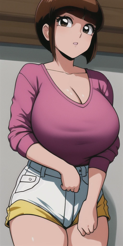 masterpiece, highest quality, High resolution, One girl, alone, sexual intercourse, Pornographic images, short hair, etsukoto, Brown eyes, fine grain, fine grain, (((Thick thighs, Plump thighs, Voluptuous thighs, Thighs alone are enough))), Huge and ample breasts, Cleavage, Huge long breasts, Naughty big,((Big breasts are important))、((Naughty thighs)), L Cup, (thin:1.4),(Tight waist:1.4), (((white gym shirt, Micro Buruma))), A kind smile, blush, (((Simple Background))), ((Wide Hips)), Shiny, Oily skin, Mature mother, Calf, Seductive mature woman, Perfect body, Plus Size Model, curvy, ample, etsukoto, blush, clavicle, retro artstyle, 1990s (style), (thick thighs:1.4), (((bursting thigh))),