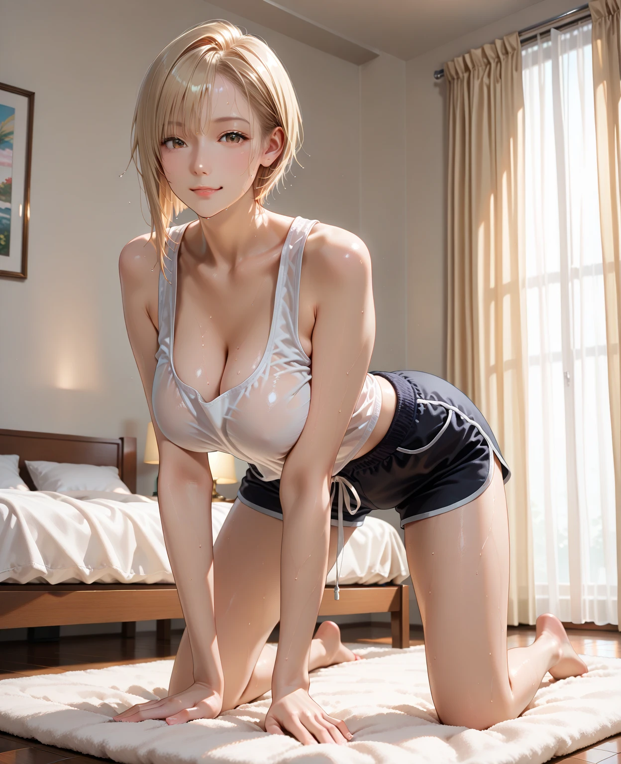 nsfw, Japan person, teenage face, idol face, cute face, light blue micro bikini, light blue bikini with flashy pattern, huge, super big, huge breasts, slender, slender waist, one girl, 8k, best image quality ultra high definition (photorealistic), masterpiece symmetrical high definition RAW color pro close photo [:( High Definition Face: 1.1):0.1] [:( Cleavage: 9.9] :0.1] Japan person face, blurred background, good lighting, gal makeup, fancy makeup, very short hair, layer cut, silver hair, bangs silver hair, double eyelids, tanned skin, Japan person face, brown skin, gal style long necklace, gal style bracelet, gal style accessories, fancy piercings, body piercings, chain belt, full body, brown skin, breast focus, full body, super brown skin, super tanned skin, shiny skin, low angle, from below, squatting, open legs, knee high jockey boots