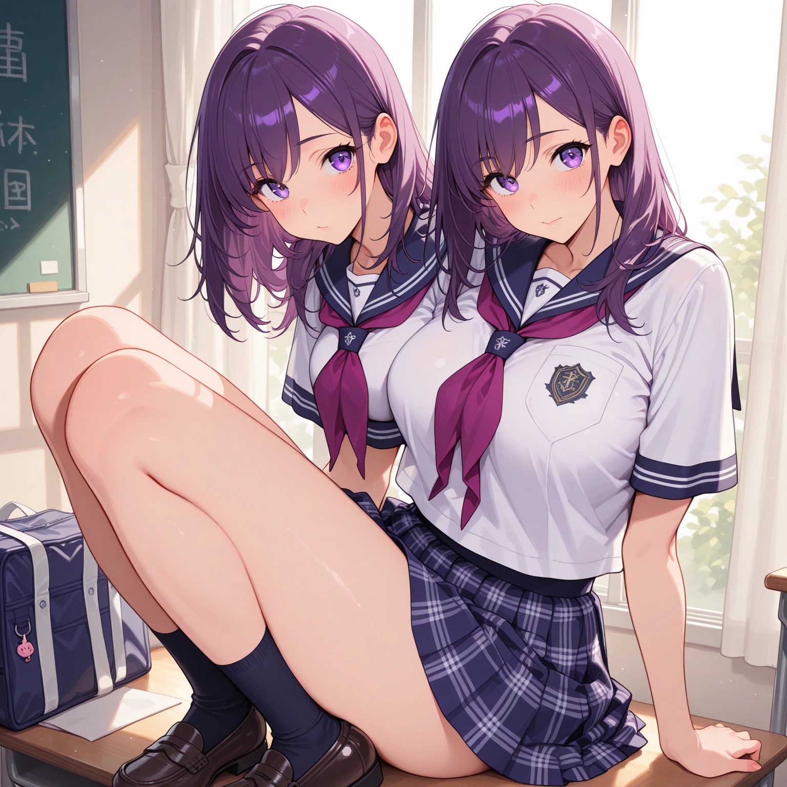 highest quality、High resolution、detailed background、beautiful and detailed face、beautiful and smooth skin、skin texture、Beautiful teenage girl、(huge breasts:1.2)、New Panties、stripes々panties、sexy sailor suit、white sailor collar、No sleeve、plaid pleated mini skirt、purple hair、cute braided hairstyle、white knee high socks、
((I was changing clothes in the classroom and I was in my underwear.、taking off clothes))、emphasize the chest、emphasize cleavage、legs open、big ass、smiling playfully、laughing、smile、sexual expression、Panties shot、Panty shot、black bra、sheer bra、cute、cameltoe
