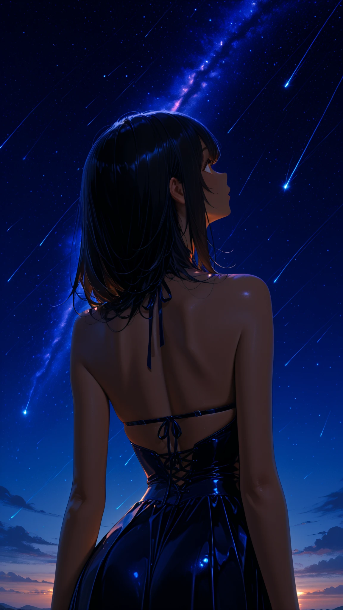 8k, masterpiece, RAW Photos, highest quality, Realistic, Very detailed, Depth of written boundary, Cinematic Light, Anatomically correct body,
One beautiful 40 year old woman, Very beautiful face, Exquisitely detailed face, (A calm and gentle face:1.4), Very delicate skin texture, Transparent muscle, Shiny white skin, Glamorous Body,
(Wavy black long hair:1.2), Sexy Breasts, Sexy ass,
(Hentai Swimsuit:1.4), (Detailed cloth texture:1.2), (Gorgeous jewel-studded body chain accessories:1.3), (Gorgeous necklace:1.1), (Gorgeous earrings:1.1),
(Dark starry background:1.4), (Milky Way:1.1), (milky way:1.1), (shooting star:1.1), (Dark coastline at night:1.4), (Pitch black sea surface:1.4),
(Standing on the beach:1.2),
(Low angle shot:1.5),