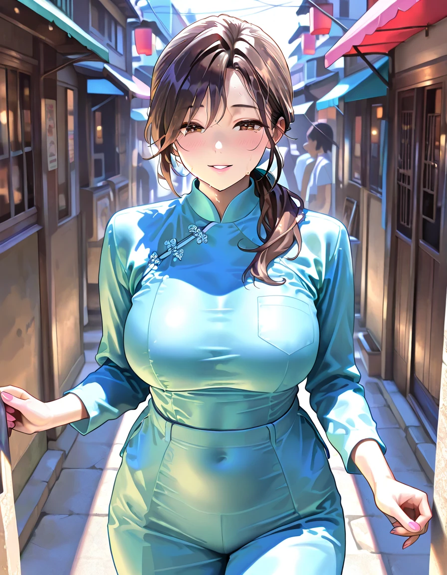 ((1 woman and 1 man)), Beautiful Face,(Two people taking a selfie on a smartphone),Laughing embarrassedly,Sweat on the face,Glossy pink lips,Daytime,Meet at the station platform, ((Anime style background)),masterpiece, highest quality, so beautiful, up to date, Complex details, (Pink long nails),AI-generated, Complex,High resolution, highest quality, super high quality,3D Images、View the viewers、3D Images,one person,Long Blonde Hair,High Ponytail,blue eyes,Anime woman posing for a photo, [[Fine grain、Colorful eyes、Shining Eyes:1.15]],a hyperRealistic , hyperRealistic , Realistic,Blonde anime woman with long hair, Smooth anime CG art, A woman in a gold embroidered kimono, (Yellow kimono),Pink floral pattern,Long flower hair ornament,Big earrings,(Large Breasts:1.2),Mature Body,tall,Big Ass,Fine details,Narrow waist,Six-pack,Photographed from the front,The man has medium length black hair and wears a navy blue yukata.