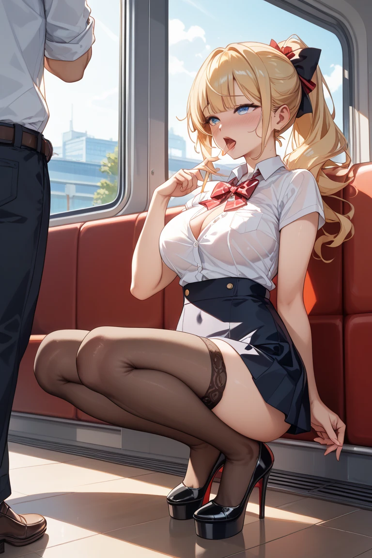 (Tabletop, highest quality, Super detailed), One Girl, Purple eyes, Blonde Hair, Dark Skin, Short Hair、Perm Hair、((Japanese school uniform))、((pantyhose))、(on the train)、(mini skirt)、Black Panties、((See-through bra))、sit