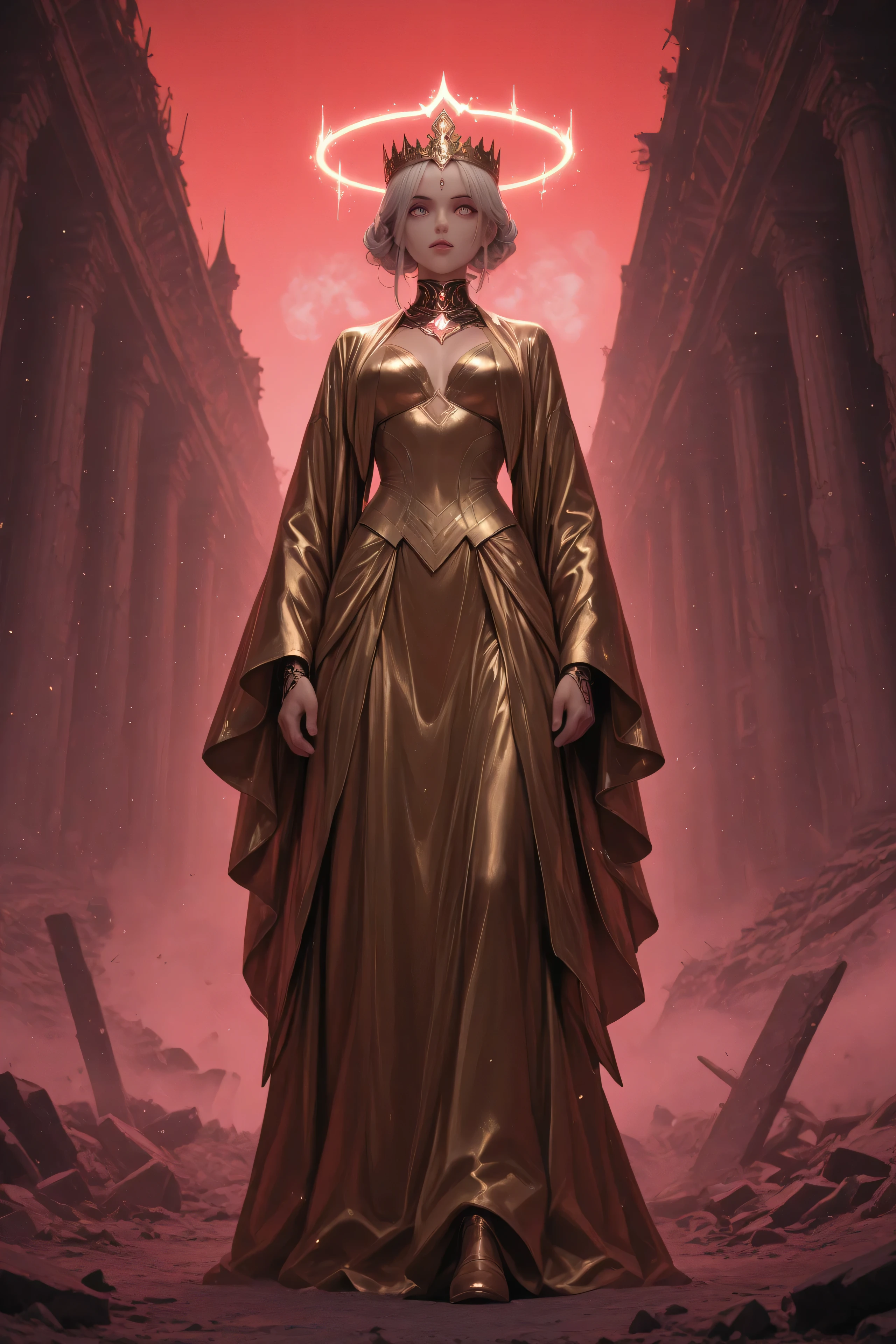 A medium shot of a cyborg priestess standing within the monumental ruins of a Gothic-futuristic cathedral. Her pale, hard porcelain face is intricately detailed with fine silver cybernetic lines, and her eyes glow with an intense pink neon light. She wears a dark, complex cybernetic collar, a golden ornate crown, and tattered white and gold robes that stir in the drafty, dust-filled air. A luminous golden halo floats behind her head. The epic, post-apocalyptic environment is filled with rubble and fallen pillars, with a toxic red sky visible through massive broken arches. Dramatic, volumetric light cuts through the gloom, highlighting the swirling dust particles and the stark contrast between her advanced form and the decaying stone surroundings. Hyperrealistic, cinematic 3D art style, with a focus on sharp details, heavy contrasts, and a color palette of dark reds, whites, and golds, accented by neon pink.
