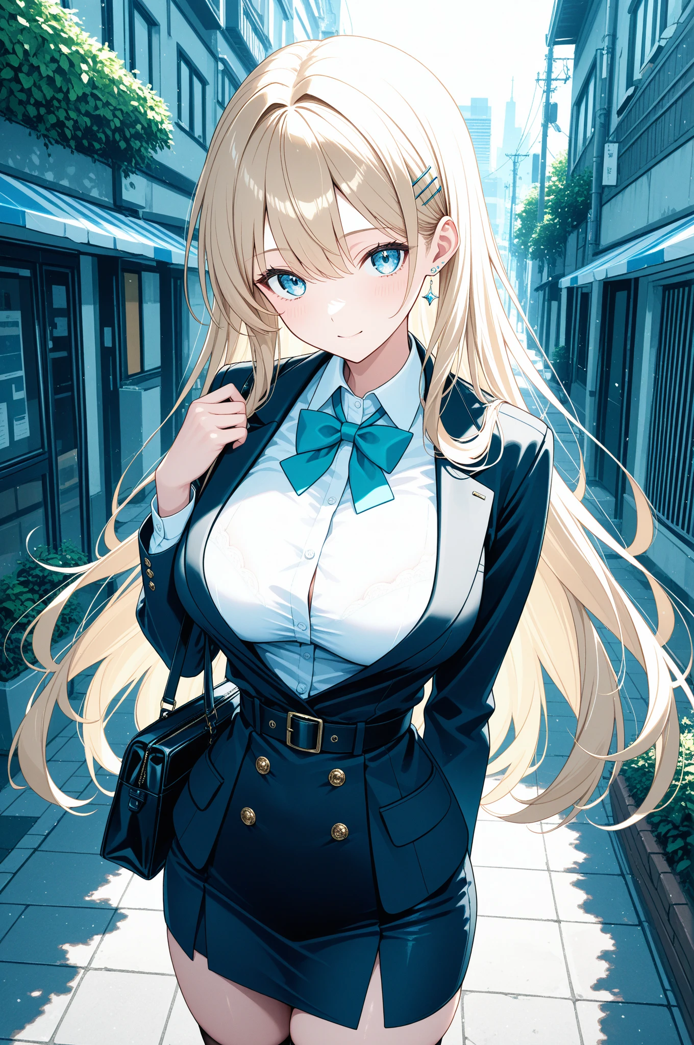 beautiful girl，black pantyhose，Blonde long straight hair，student，(student会)，student委员，School corridors，huge breasts，cleavage，belly button，(pubic)