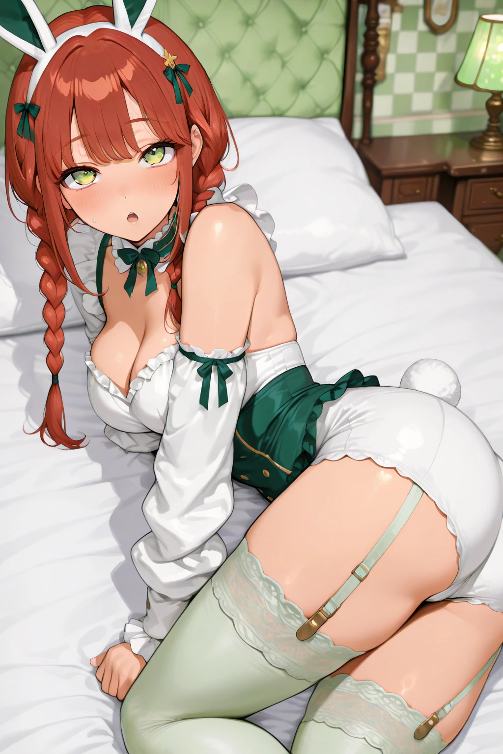 Highest quality,Highest Resolution,１Beautiful girl with a smile,whole body,look up,looking at the camera,Large emerald green eyes,ponytail,Red hair,In underwear,Black Bra,Black underwear,High leg,black garter belt,Black knee-high stockings,Dark bedroom,Standing posture,Purple bedding,