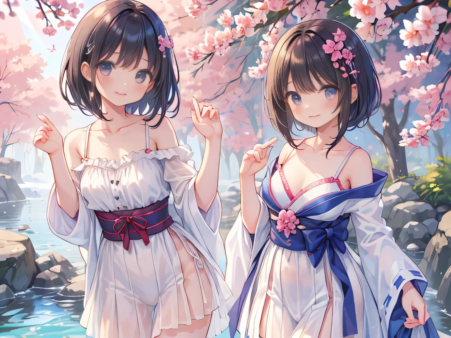 very cute girl、girl、Elementary and middle grades、dark brown hair、bob cut、short hair、Violet eyes、smile、Crystal clear white skin、white blouse、pink cardigan、Red skirt、Black knee-high、whole body、grassland。