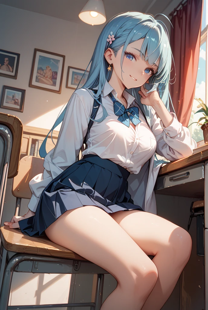 Best Quality,masutepiece,fullnude,look down on, Upper body,lightblue hair,Strands of hair,Fair skin,Classroom,tiny chest、Cardigan,Take off your uniform, Bow, Red bow, Long sleeves, Shirt, Collared shirt, White shirt, Skirt, Pleated skirt, Black skirt, tiny chest、looking at the viewers, BREAK (masutepiece:1.2), Best Quality, High resolution, Unity 8k壁纸, (Illustration:0.8), (Beautiful detailed eyes:1.6), extra detailed face, Perfect Lighting, extremely details CG, (Perfect hands, Perfect Anatomy),A smile、(Skirt lift:1.3), (white panties:1.3)、(Skirt that rolls up:1.3)、(Fully exposed panties:1.5)