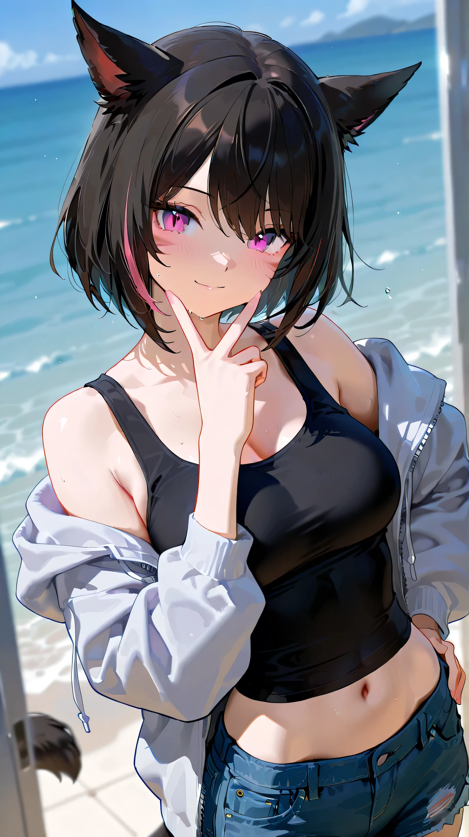One piece type competitive swimsuit Black Bob Hair Great style blush smile Standing facing forward Up to the knee