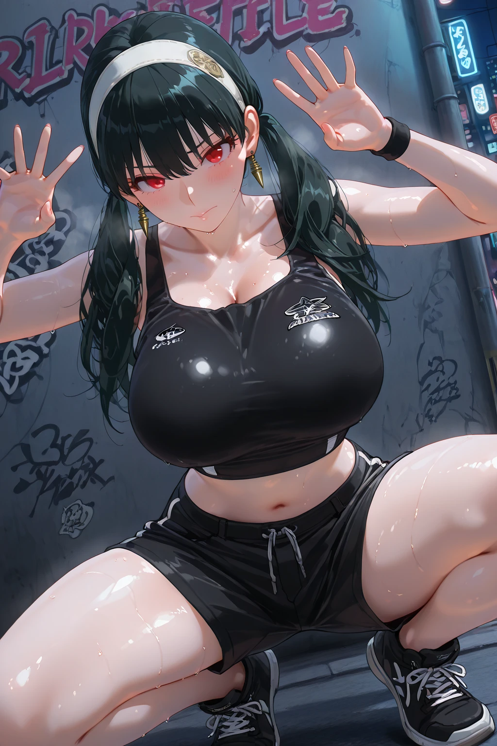 Girl , (Black competitive swimsuit:1.5) ,  (Huge breasts:1.6) , 