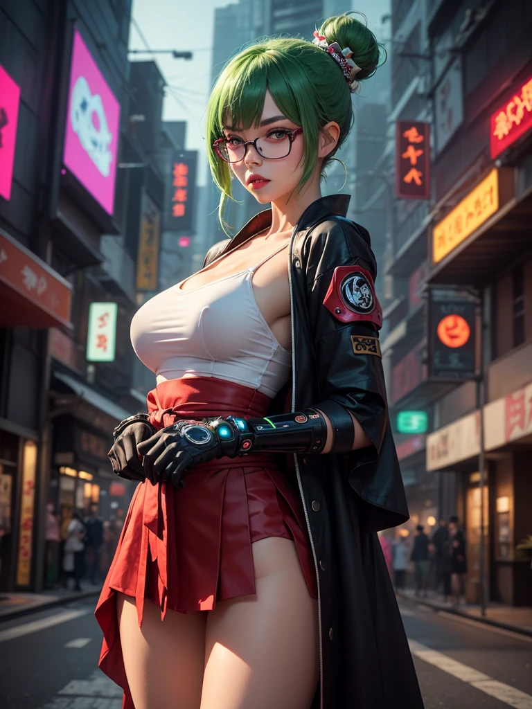 chinese idol mature woman purple wavy hair with bangs ((Glasses)) 大きなPush your chest together to create cleavage purple eyeshadow bewitching flashy makeup naughty smile ((ネオン輝くcyber punkな派手な夜景)) ((Super glossy metallic green khaki enamel long coat with military uniform medal)) ((Super shiny metallic enamel knee high boots)) Tight miniskirt garter belt masterpiece 8K cyber punk Electric Punk Battlefield female general ((bright red plump lips)) duck mouth sweaty chest Push your chest together to create cleavage Has a machine gun