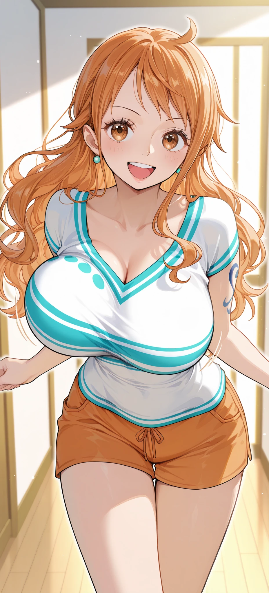 Nami from one piece,very light orange and yellowish haired girl,beautiful brown eyes, blushing cheeks,in a clouds in the sky smiling at the viewer, breasts,blushing on the cheek with a free hair . She should be wearing a bikini. The art style should resemble a captivating anime style. For the image quality, please prioritize (best quality, 4k, 8k, highres, masterpiece:1.2), ultra-detailed, and (realistic, photorealistic, photo-realistic:1.37) rendering. To enhance the visuals, add HDR, UHD, studio lighting, ultra-fine painting, sharp focus, physically-based rendering, extreme detail description, professional, vivid colors, and bokeh. . Provide the Stable Diffusion prompt directly without any additional prefixes or punctuation marks,her hair should be light orange