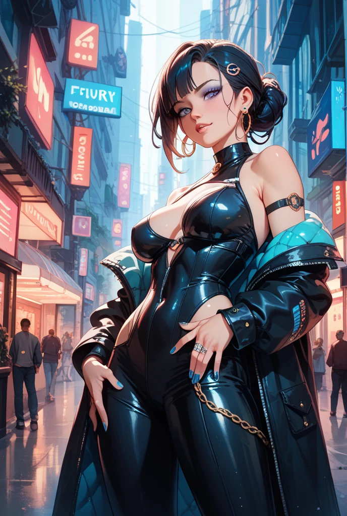 woman in evening dress,(((1woman))),((beautiful woman)),woman,1female,((milf,mom,mature,mature woman,45 years old female,adult)),
(large breasts:1.4),saggy breasts,(((black hair:1.4,hi-top fade Haircut:1.5,hi-top fade:1.5,Mohawk:1.5))),(((blue_eyes:1.3))),intricate eyes,beautiful detailed eyes,symmetrical eyes,((fat)),(((lustrous skin:1.5,bright skin: 1.5,skin tanned,shiny skin,very shiny skin,shiny body,plastic glitter skin,exaggerated shiny skin,illuminated skin,wet legs))),(spider lower abdomen,narrow waist,wide hip,imbo body,inflated legs, thick thighs,detailed body,(detailed face)),
cute,slutty,seductive,erotic,(((nsfw))),evil woman, villain, ambitious look,
((strapless draped long dress)),metallic blue dress,(((deep neckline,cleavage))),((wet clothes,intricate outfit,intricate clothes,ornate outfit,ornate clothes,embroidered outfit,embroidered clothes)),
(dynamic pose:1.0),solo focus,((smug)),(centered,scale to fit dimensions,Rule of thirds),
cyberpunk city by the ocean at night, with bright neon signs and dark stormy clouds and puddles, scenery:1.25,nighttime, starry night, cosmos,Very dark night that makes the neon lights stand out, very bright neon lights,nighttime, starry night, cosmos,
highres, sharp focus, (ultra detailed, extremely detailed), (photorealistic artwork:1.37),(extremely detailed CG unity 8k wallpaper),((synthwave background theme)),(((vibrant colors))),(intricate background),(masterpiece),(best quality),