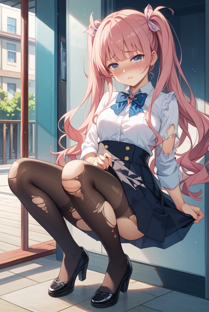 beautiful girl、、、14 years old、Twin tails、Pleated skirt、Black Pantyhose、panties under pantyhose、entrance、Highest quality, smile,Sit down and take off your boots、Pink Panties、Sweaty ass、Sweaty crotch、Low - Angle、Cowboy Shot、The gesture of taking off boots、Have boots、Steam from boots、Take off one boot、Squat down and take off your boots