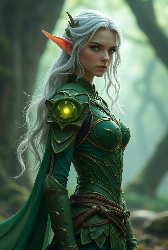 > "A powerful female elf warrior with flowing silver hair and emerald ...