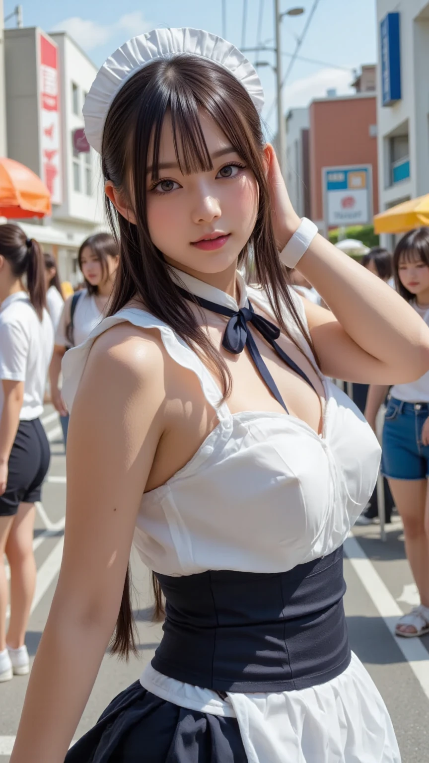(8K, RAW photos, best quality, masterpiece:1.2), (Practical, photo-Practical:1.4), (extremely detailed 8K wallpaper), Clear focus, Depth of Field, Movie Lighting, Soft Light, Detailed beauty,shiny smooth light brown Long Bob hairstyle, Asymmetrical bangs, Glowing skin, Super delicate skin ,high resolution, High Detail, Detailed hairstyle, Detailed beauty face, hyper Practical, Perfect limbs, Perfect anatomical structure ,1 Japanese girl,Famous Japanese idols, Perfect female body, (Large Breasts:1.58),Smile,Short eyelashes,Double eyelids,Long Bob hairstyle, (Uniforms:1.3),(Mini Skirt Navy Mini Skirt), Looking at the audience, (Crowded city streets:1.3),Cowboy shooting