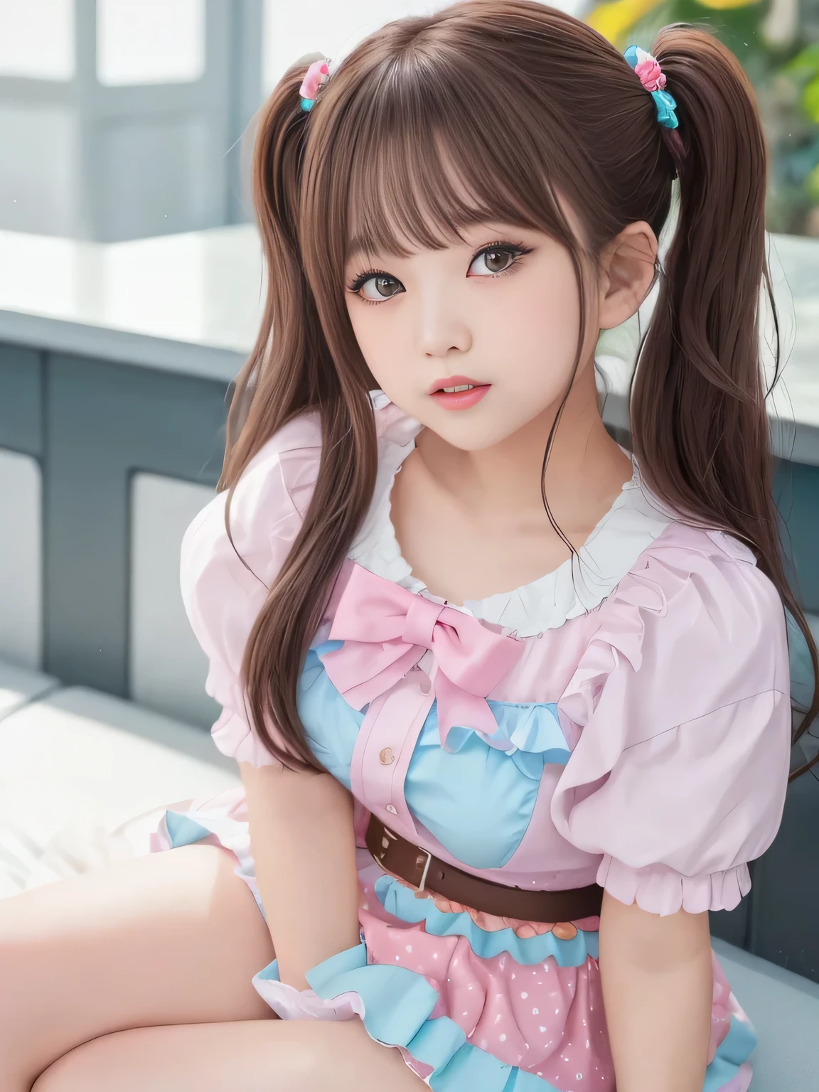 (top quality)、masterpiece、hyperrealism、princess who sits with her legs open in an m shape、
Chocolate Ice Cream, sweets, sparkle, Rainbow, cake, strawberry, fruit, Cocoa-Dyed、Sweet and Poisonous Characters、
fashion magazine style,Taken with X-T4,85mm,blurry background,
Features Women with Sexual Attraction、The Girl Is Seductive、 Glossy Brown Hair 、middle twin tail、 cute、wet lips、Pastel Deco Fashion、
shiny clothes、Chubby Glowing Thighs、miniskirt、embarrassing expression、amazing beauty、