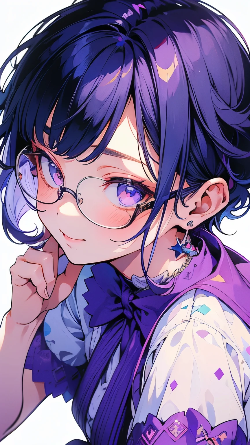 Beauty , white background、masterpiece,,(glasses) ,Curly hair、blue hair、short sleeve dress, short hair、 Smile Yan, ( details) ( sharp), ((視覚的なBeauty)) purple clothes、morning glory